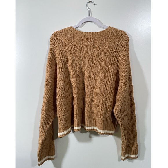 AE Heritage Cozy Sweater in Tan with White Stripes Crop Length Size Large - Picture 2 of 8